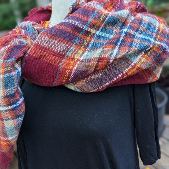 Big Plaid Scarf Wrap by alt'rd state Wine Orange and Blue - Picture 2 of 4